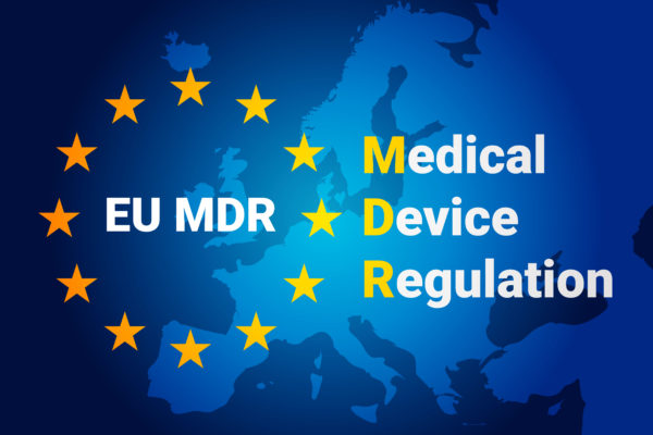 MDR - Medical Device Regulation. Regulation of the EU- European Union on the clinical investigation and sale of medical devices for human use. Vector illustration on blue background